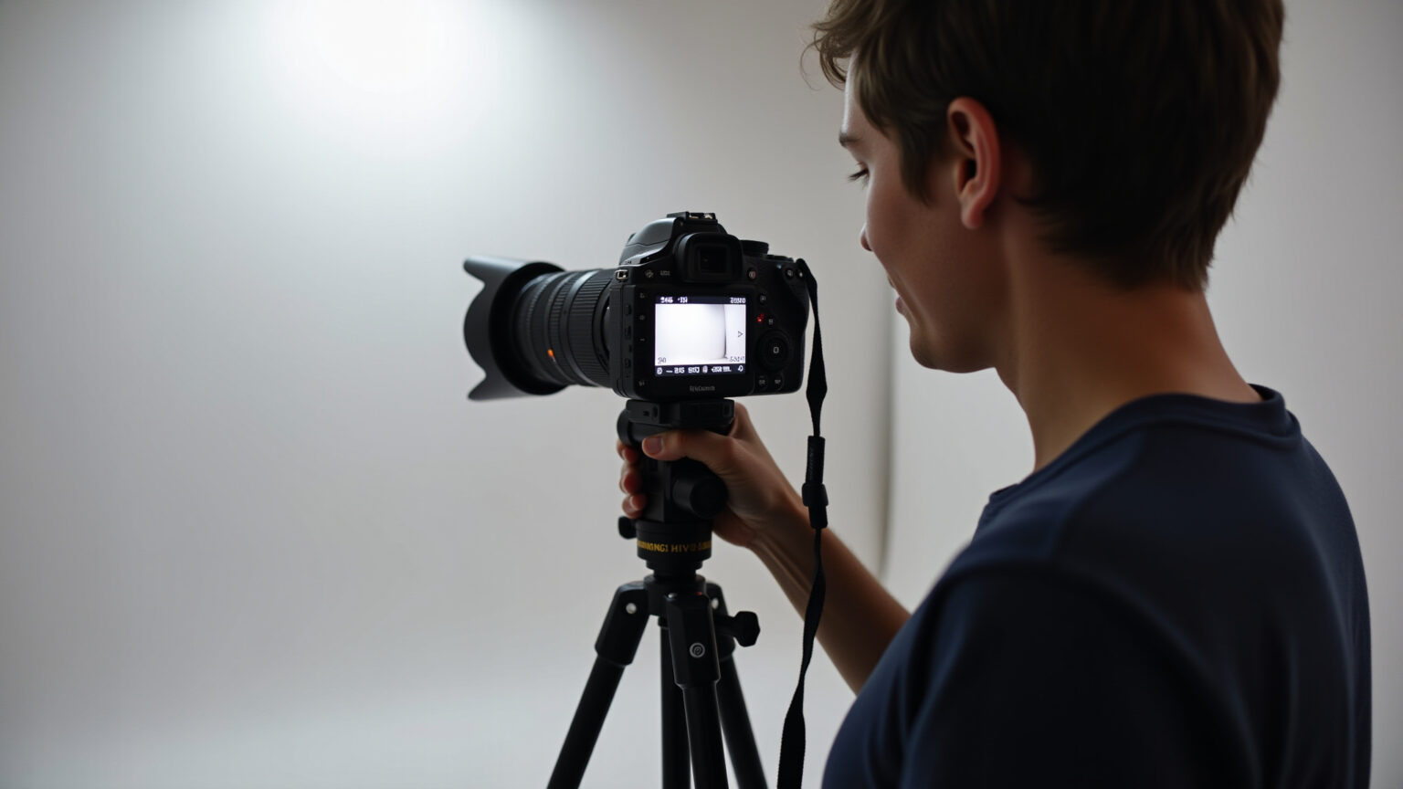 Câmera Profissional para Iniciantes: Qual Escolher para Começar a Fotografar? Fotógrafo iniciante ajustando câmera DSLR profissional em estúdio.