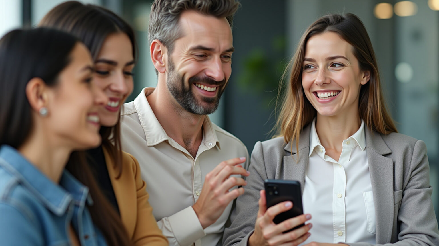 Pessoas diversas em escritório moderno, gravando mensagem de voz.