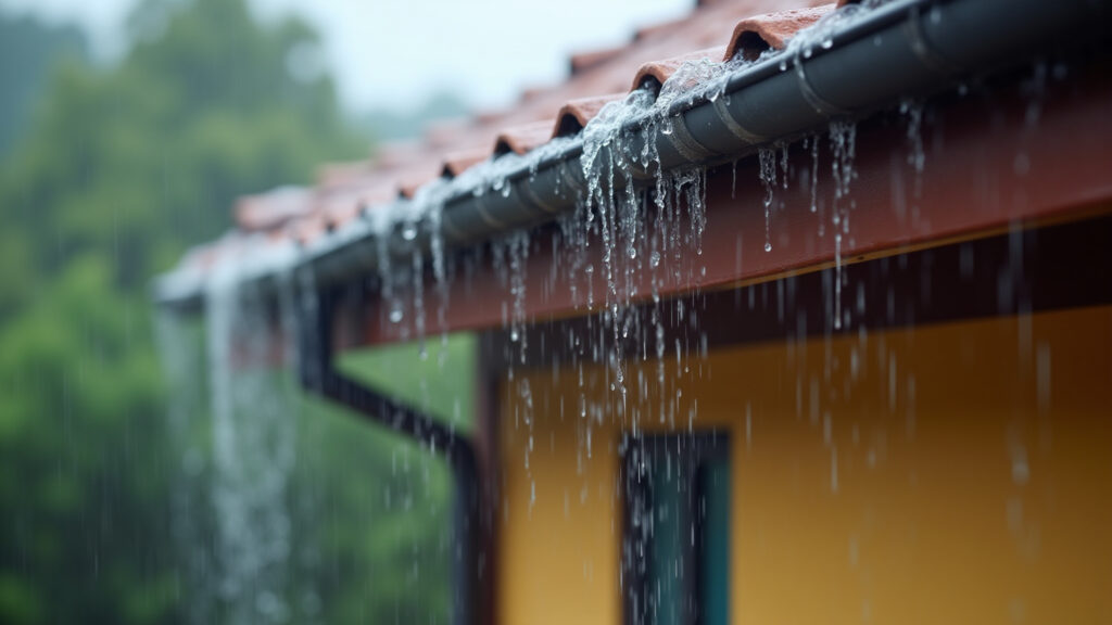 Checklist Essencial: 10 Pontos de Inspeção para Blindar sua Casa Contra Inundações em 2026 Casa brasileira com calhas transbordando durante chuva forte, destacando a importância da limpeza.