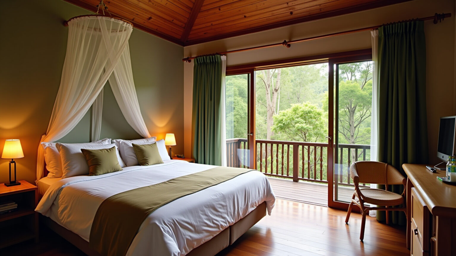 Quarto aconchegante em ecolodge em Foz do Iguaçu com vista para a floresta.