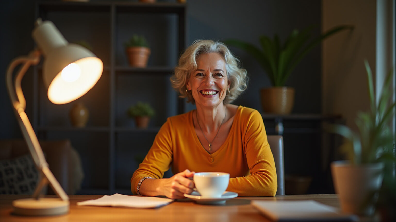 Mulher madura brasileira, divorciada e financeiramente independente, sorrindo em seu escritório.