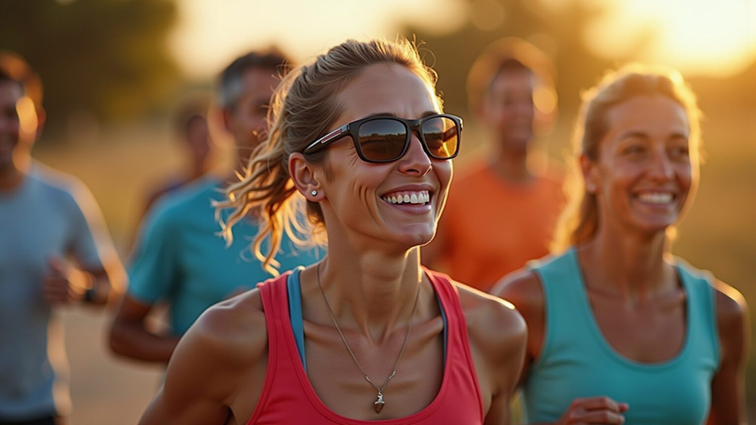 Atletas brasileiros sorrindo enquanto praticam esportes ao ar livre com óculos esportivos.
