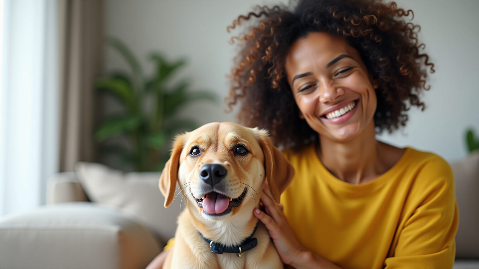 Raças e Saúde Animal: Uma Jornada de Cuidado e Planejamento Mulher brasileira sorrindo acaricia um cachorro em sala iluminada.