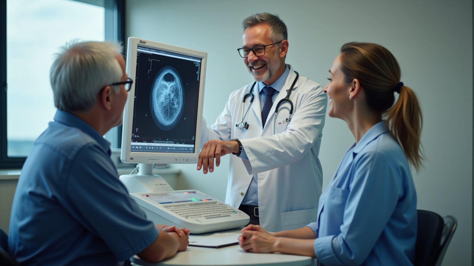 Médico cardiologista brasileiro explicando ecocardiograma a paciente.