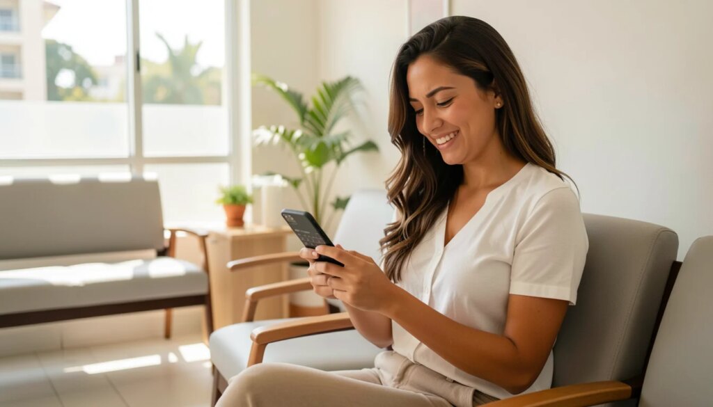 Guia prático: Como escolher o melhor horário para marcar suas consultas de rotina Mulher sorrindo ao agendar consulta no celular em clínica moderna
