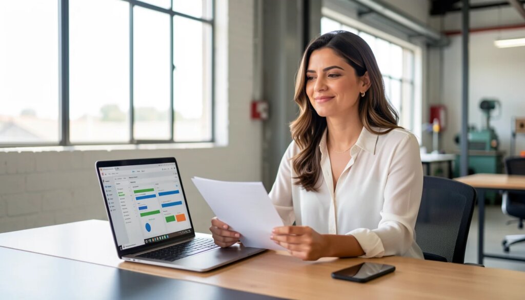 Fábrica de papéis trocou planilhas por ERP e ganhou mais controle Mulher sorrindo aliviada ao usar ERP industrial em laptop na fábrica