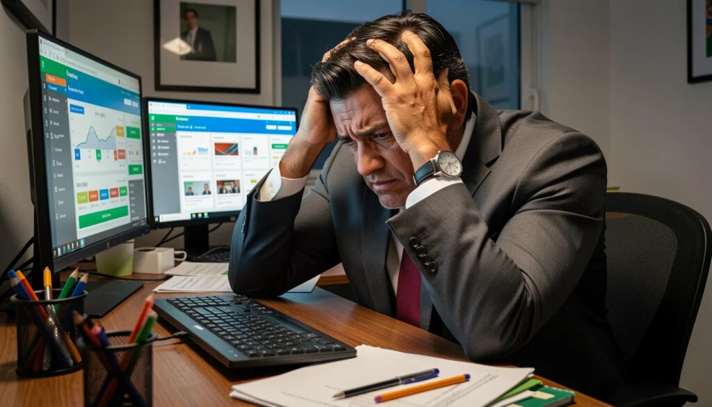 Empresário estressado em frente a múltiplos monitores com plataformas de licitação.