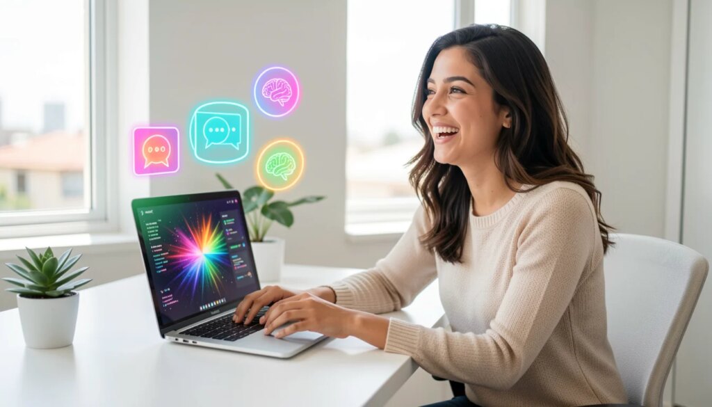 Mulher jovem sorrindo usando laptop com ícones de IA ao redor, ambiente moderno e iluminado.