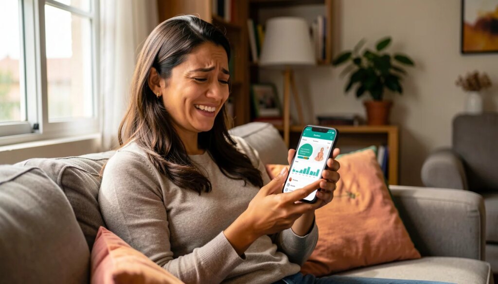 Mulher sorridente com celular em casa, demonstrando alívio ao usar plano de saúde.