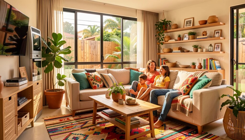 Família feliz em sala de estar moderna e eficiente