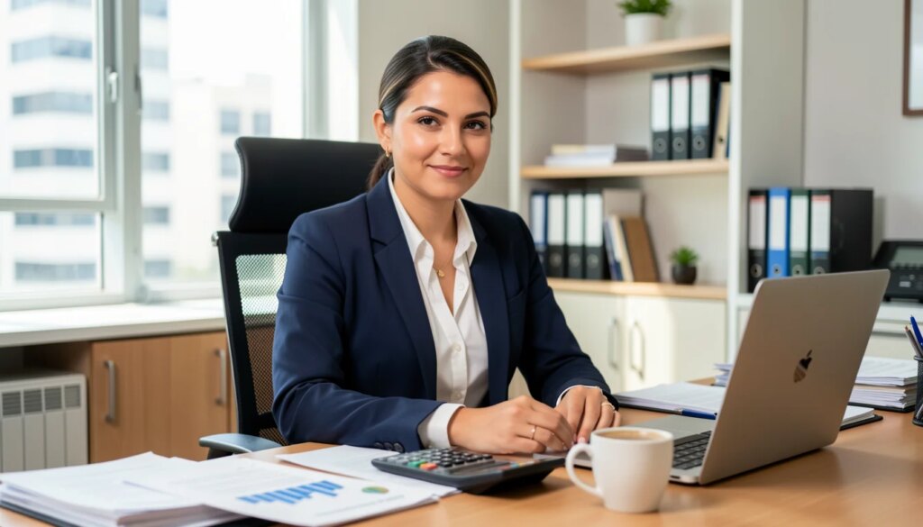 Advogada brasileira em escritório moderno analisando documentos financeiros com calculadora.