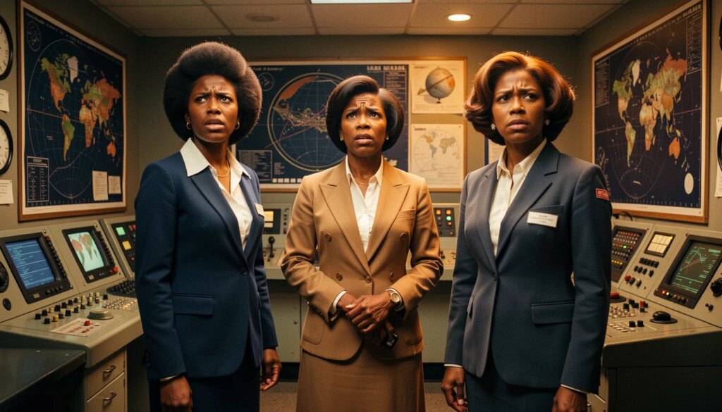 Três mulheres negras profissionais na NASA nos anos 1960, em sala de controle com computadores antigos.