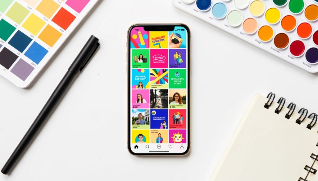 Criatividade brasileira sem mensalidade: 9 ferramentas gratuitas para WhatsApp e redes sociais Smartphone com gráficos coloridos e ferramentas de design em mesa clara