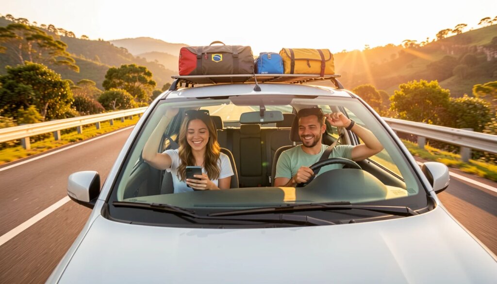 Vai pegar estrada? 12 coisas para conferir no carro antes de viajar Casal sorridente em carro pronto para viagem, conferindo espelho retrovisor.
