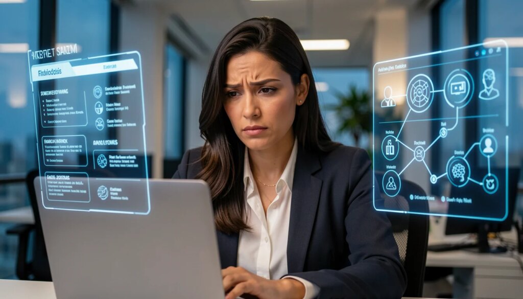 Mulher profissional analisando currículos com IA em um escritório moderno