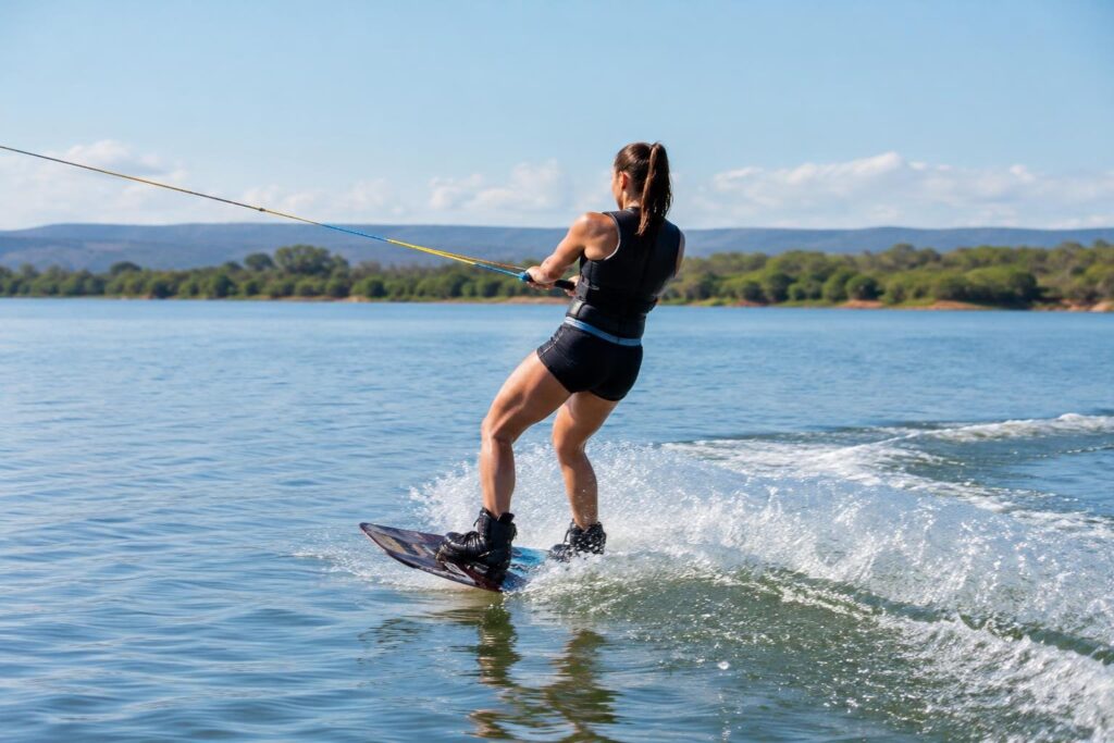 Pessoa do sexo feminino vista de costas praticando wakeboard em um lago com água calma, puxada por uma corda. Ao fundo, há árvores e morros sob um céu azul com algumas nuvens.