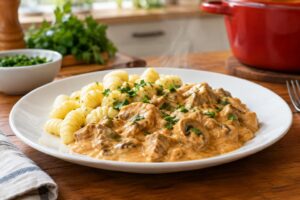 Prato branco com strogonoff cremoso de carne e cogumelos, decorado com ervas verdes, ao lado de nhoque. Ao fundo, bancada de madeira com uma panela vermelha e temperos desfocados.