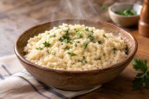 Tigela de cerâmica marrom contendo arroz cremoso, com vapor subindo, decorado com ervas verdes picadas e pimenta preta moída, sobre uma superfície de madeira clara com elementos de cozinha desfocados ao fundo.
