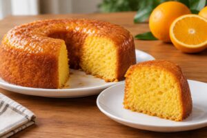 Bolo de laranja em forma de anel, parcialmente cortado, com uma fatia colocada em um prato branco ao lado. Ao fundo, duas laranjas, sendo uma cortada ao meio, sobre uma mesa de madeira clara.
