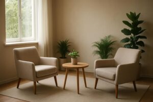 Sala de atendimento acolhedora de uma clínica de reabilitação, com duas poltronas e luz natural