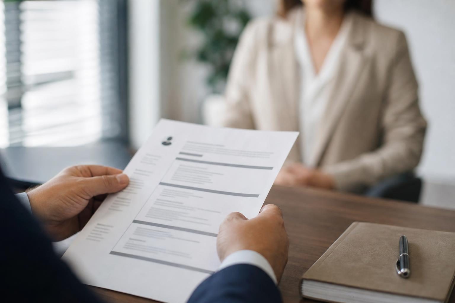 Recrutador analisando um currículo impresso durante entrevista de emprego