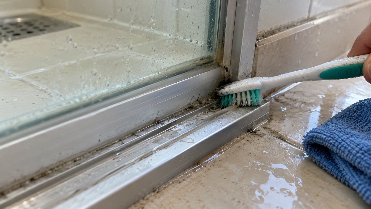 Escova de dentes velha limpando o trilho de alumínio de um box de vidro