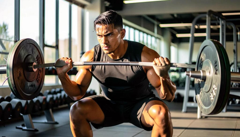 Musculação e Desempenho Esportivo: Estratégias para Melhorar a Força e a Evolução Física Homem praticando musculação em academia moderna, focado na execução do agachamento com barra