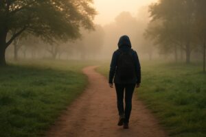 Pessoa caminhando sozinha por uma trilha de parque ao amanhecer, em clima de recomeço